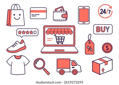 Hand drawn online shopping and e-commerce set with laptop, delivery, credit card, product review, and mobile purchase elements