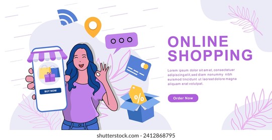 Hand drawn online shopping horizontal banner.