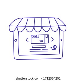 Almacén en línea dibujado a mano en el icono del vector lineal del comprimido.
Ilustración de Doodle con un contorno azul. Aislado sobre fondo blanco