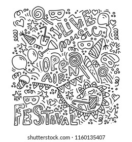 Hand drawn, open air doodle set. Sketch icons for invitation, flyer, poster, t-shirt design or blog. Isolated on white background