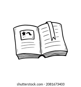 Libro abierto dibujado a mano con marcador. Estilo de dibujo de Doodle. Concepto de lectura, educación, estudio. Ilustración vectorial aislada.