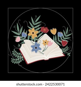 Hand drawn open book with flowers. Different colorful flowers, leaves, ferns with moody black background.  Good for library, school, teacher, bookstore, card, social media post. Isolated