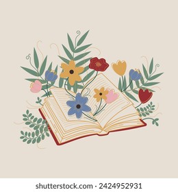 Libro abierto dibujado a mano con flores. Páginas con texto, diferentes flores de colores, hojas, helechos. Bueno para biblioteca, escuela, profesor, librería, tarjeta, publicación de redes sociales. Aislado