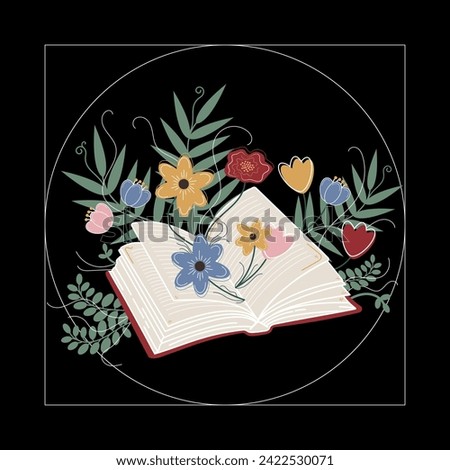Hand drawn open book with flowers. Different colorful flowers, leaves, ferns with moody black background.  Good for library, school, teacher, bookstore, card, social media post. Isolated