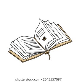 Livro aberto desenhado à mão ou caderno com um marcador, desenho de esboço de rabiscar. Livro vintage vetor isolado no fundo branco. Ilustração gráfica