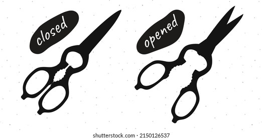 Hand drawn open and closed pairs of scissors silhouette for tailors, barbers isolated on white bg