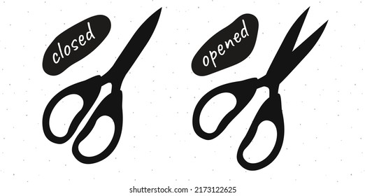 Hand drawn open and closed pairs of scissors silhouette for tailors, barbers isolated on white bg