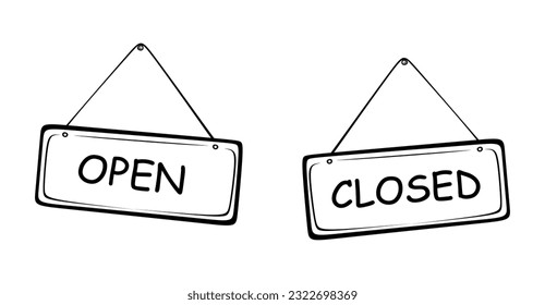 Hand drawn open and closed signs elements for door or window label. Doodle sketch style. Shop door or window label isolated on white background. Vector illustration.