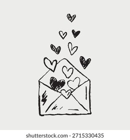 Sobre abierto dibujado a mano con corazones flotando. Concepto de amor, afecto y cartas de amor. Ilustración de boceto de Vector en estilo vintage de carbón de crayón