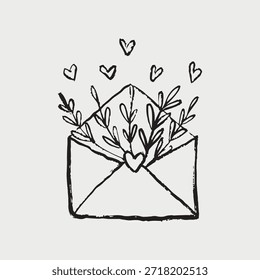 Sobre abierto dibujado a mano con corazones y ramas con hojas. Amor, naturaleza, romance. Ilustración de boceto de Vector en estilo vintage de carbón de crayón. Día de San Valentín.
