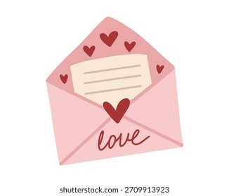 Sobre abierto dibujado a mano con una carta de amor y decoraciones de corazón en un estilo minimalista lindo. Perfecto para pegatinas, tarjetas, carteles e ilustraciones románticas del Día de San Valentín.