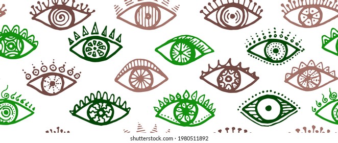 Hand drawn open eyes abstract repeatable pattern. Pop art graphic style illustration. Fashion packaging vector design. Doodle eyes with girly eyelashes boho endless ornament.