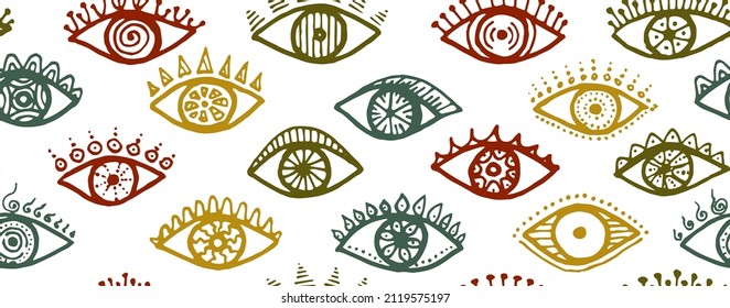 Hand drawn open eyes artistic repeatable pattern. Sketch drawing style illustration. Mascara wrapping print design. Doodle eyes with girly eyelashes tribal endless ornament.
