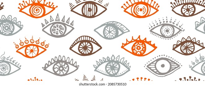 Hand drawn open eyes boho repeatable pattern. Sketch drawing style illustration. Cosmetics wrapping print design. Doodle eyes on white background simple seamless ornament.