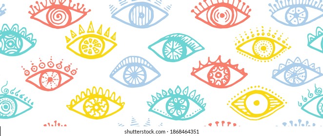Hand drawn open eyes magic repeatable pattern. Pop art graphic style illustration. Mascara packaging vector design. Open eyes with girly eyelashes boho endless ornament.