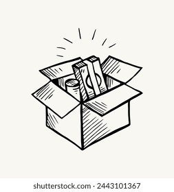 Hand drawn open gift in doodle style. Vector illustration on white background.