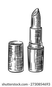 Mão desenhada de um batom aberto com tampa branca maquiagem de fundo cosmético