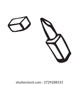 Hand drawn open lipstick with separate cap, black line art illustration isolated on white background, minimalist beauty cosmetic element for fashion branding, makeup design and feminine aesthetic