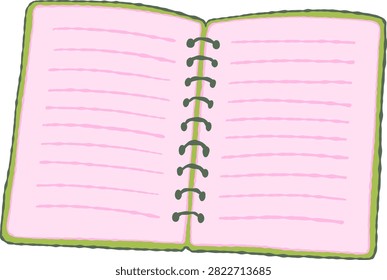 Hand drawn open notebook vector illustration in colorful doodle style. Cute blank notebook with pink pages, perfect for school, note taking, study materials, planners, stationery, classroom and creative designs.