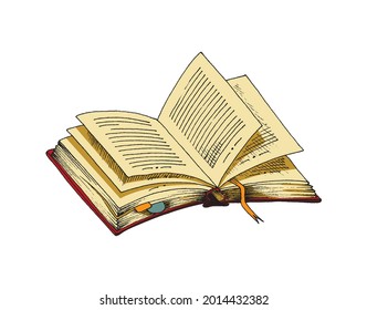 Handgezeichnet, offenes altes Buch mit gelblichen Papierseiten, Cartoon, Vektorgrafik einzeln auf weißem Hintergrund. Alte Vintage Shabby Buch geöffnet in der Mitte.