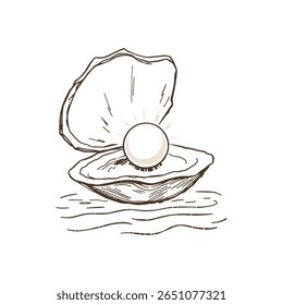 Mão desenhada concha ostra aberta com uma pérola preciosa dentro esboço ilustração vetor para uma natureza marinha ou conceito de tesouro de luxo