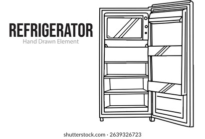 Hand drawn open refrigerator vector shape, editable, black line, outline, simple design, home electronic appliance