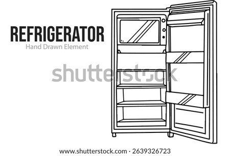 Hand drawn open refrigerator vector shape, editable, black line, outline, simple design, home electronic appliance
