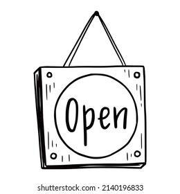 Hand drawn open sign element. Doodle sketch style. Shop door or window open label icon. Vector illustration.