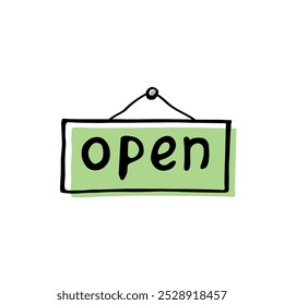 Hand drawn open sign element. Doodle sketch style. Shop door or window open label icon. Vector illustration.