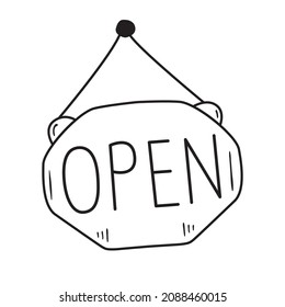 Hand Drawn Open Sign Sketch. Doodle  Style.Outline Vector Illustration.Isolated On White Background.