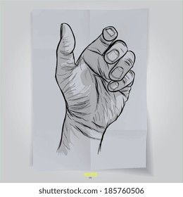 hand drawn of hand open signal  on crumpled paper background 