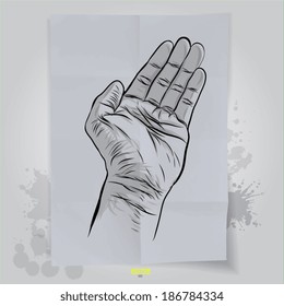 hand drawn of hand open signal on crumpled paper background 