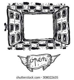 Hand drawn open window with banner/
Illustration of a hand drawn open window with banner