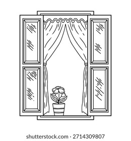 Ventana abierta dibujada a mano con cortinas y contorno de planta en maceta aislado sobre fondo blanco. Perfecto para decoraciones, logotipo, varios diseños