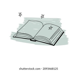 Libro abierto a mano en estilo lineal con estrellas por encima y fondo de trazo de pincel. Ilustración vectorial aislada