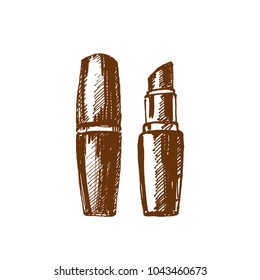 Hand drawn opened and closed lipstick. Sketch, vector illustration.