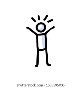 Hand Drawn Optimistic Stick Figure in Cheerful Pose. Concept of Positive Happy Expression. Simple Icon Motif for Glad Mood Communication. Pose, Joy, Funny, Bujo Illustration. Vector EPS 10. 
