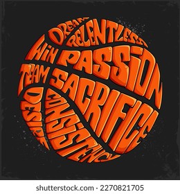 Hand drawn orange Basketball ball Calligram, motivational words shaped in basketball ball