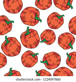 Hand drawn orange bell peppers isolated on white. Pattern.
