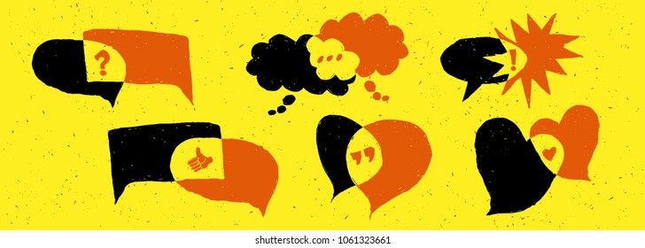 Hand drawn orange and black overlaping speech bubbles on yellow background with grunge texture, communication concept
