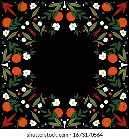 Hand drawn orange blossom floral background Folk art vector background.