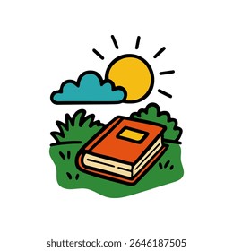 A hand drawn orange book sits in the grass, beneath a cartoon sun and cloud. It is a cute, simple illustration conveying relaxation