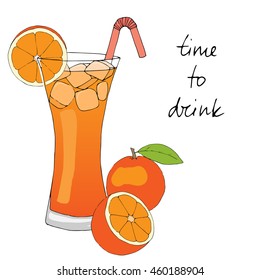 Hand drawn orange cocktail with ice, straw and oranges on white background. Vector illustration.