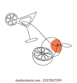 Hand drawn orange cocktail vector. Drink one line continuous drawing illustration. Food print, banner, card, cartoon poster, brochure, logo, symbol, sign, menu.