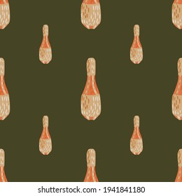 Hand drawn orange colored juggler maces elements seamless pattern. Green olive background. Vector illustration for seasonal textile prints, fabric, banners, backdrops and wallpapers.