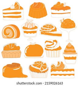 Hand drawn orange dessert collection in doodle style on white background