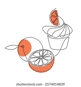 Hand drawn orange dessert icon. Cupcake muffin line continuous drawing illustration. Food print, banner, card, cartoon poster, brochure, logo, symbol, sign, menu