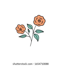 Hand drawn orange flower with green leaves flat vector icon isolated on a white background.Rose,poppy flower icon.