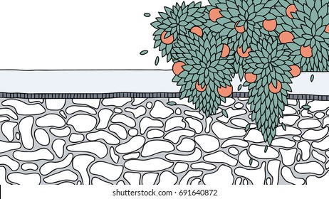Hand drawn orange fruit and leaves tree with stone wall