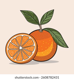 Hand drawn Orange fruit with a slice and leaves illustration